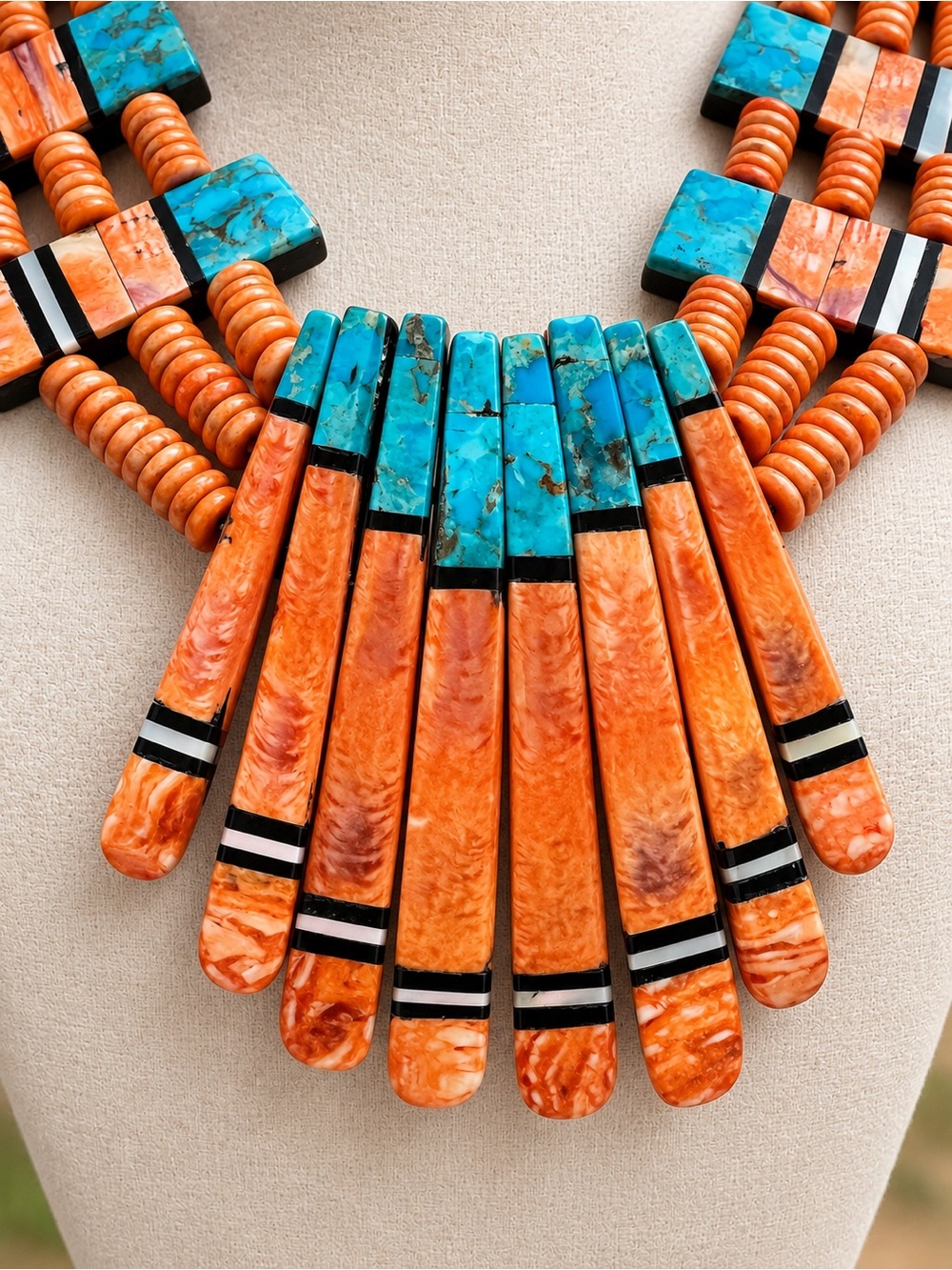 Three Strand Spiny Oyster Turquoise Mosaic Inlay Bib Necklace Delbert Crespin - Picture 2 of 11